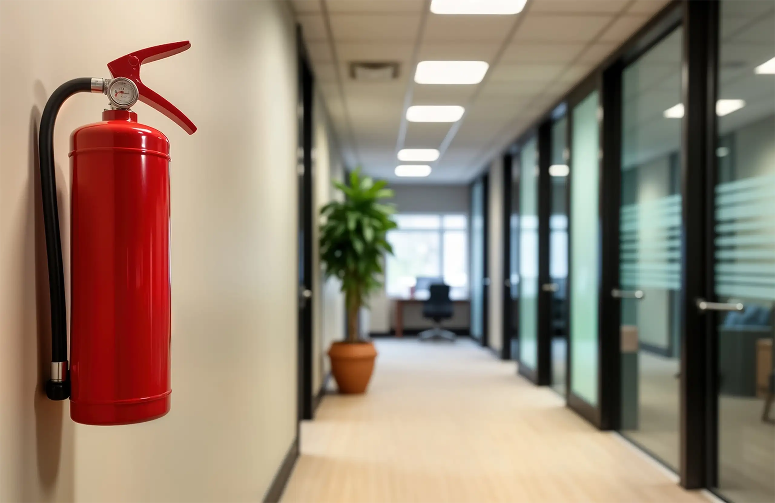Estintore rosso in un corridoio aziendale moderno — sicurezza antincendio professionale